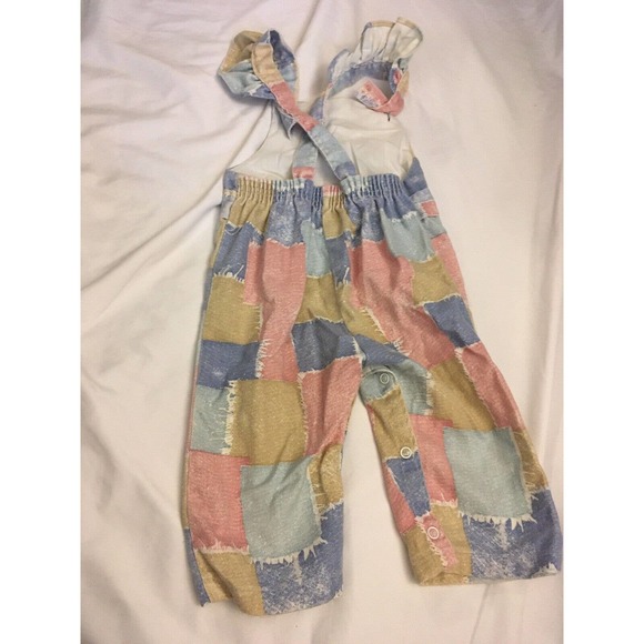 Vintage Pink Blue Ruffle Sleeve Cotton Long Overalls Romper 18 Months THOMAS - Picture 6 of 10